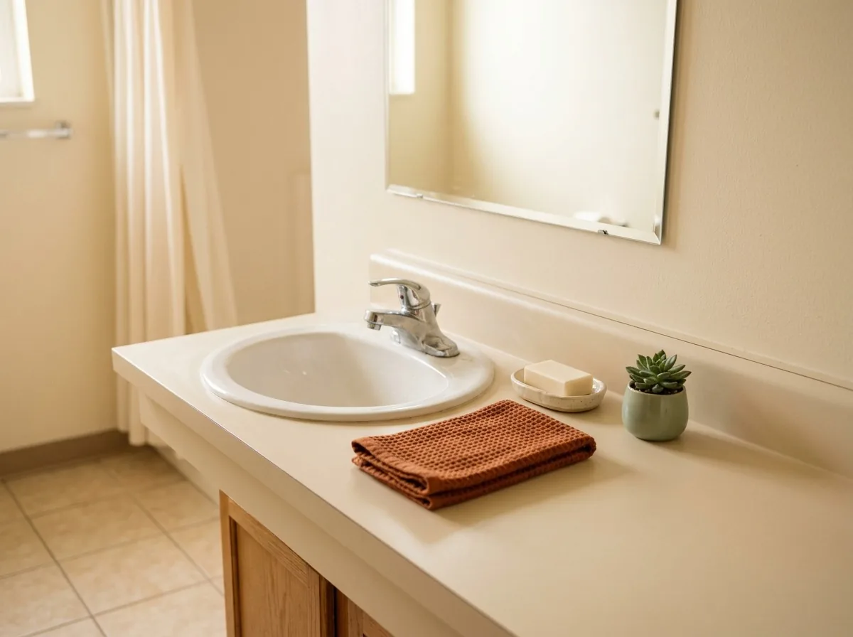 Small bathroom counter organization — a tiny counter cleared to three things only: a soap dish, a folded hand towel and a small plant