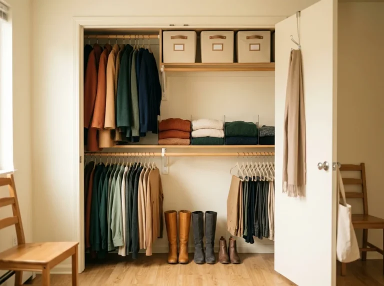 Small closet organized after a seasonal wardrobe swap with two levels of hanging clothes, folded sweater shelves, labelled bins and upright boots