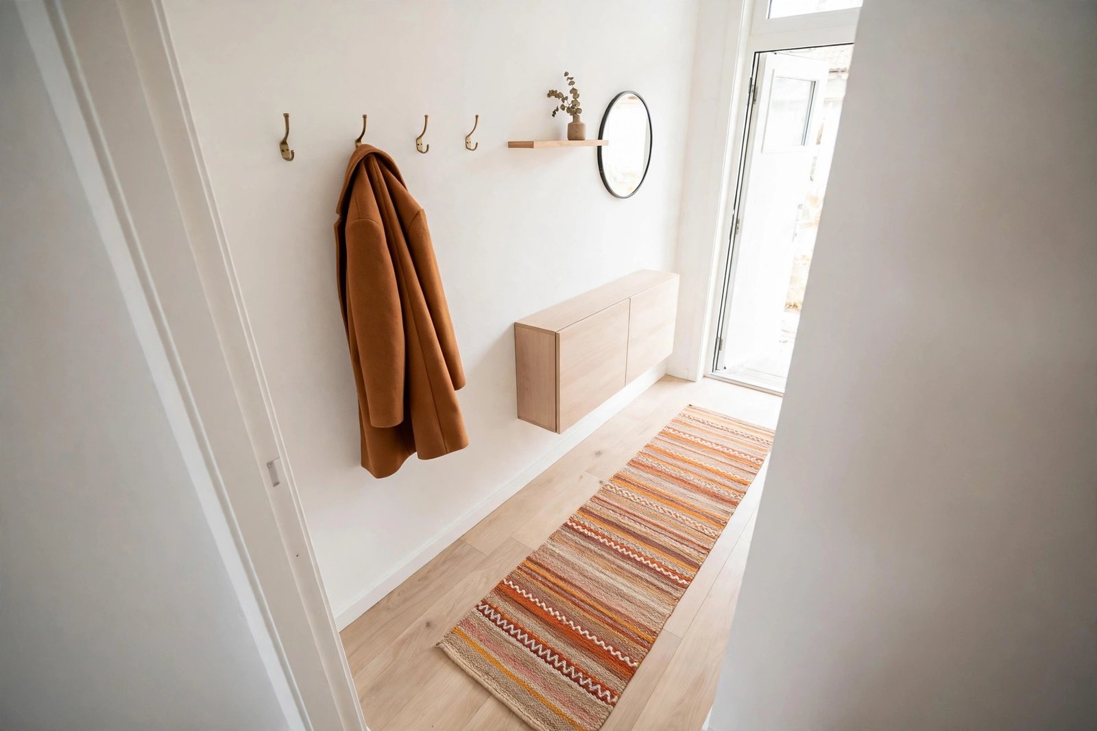 Small entryway organization trick — keeping the floor mostly clear with wall storage makes a tiny entryway feel bigger