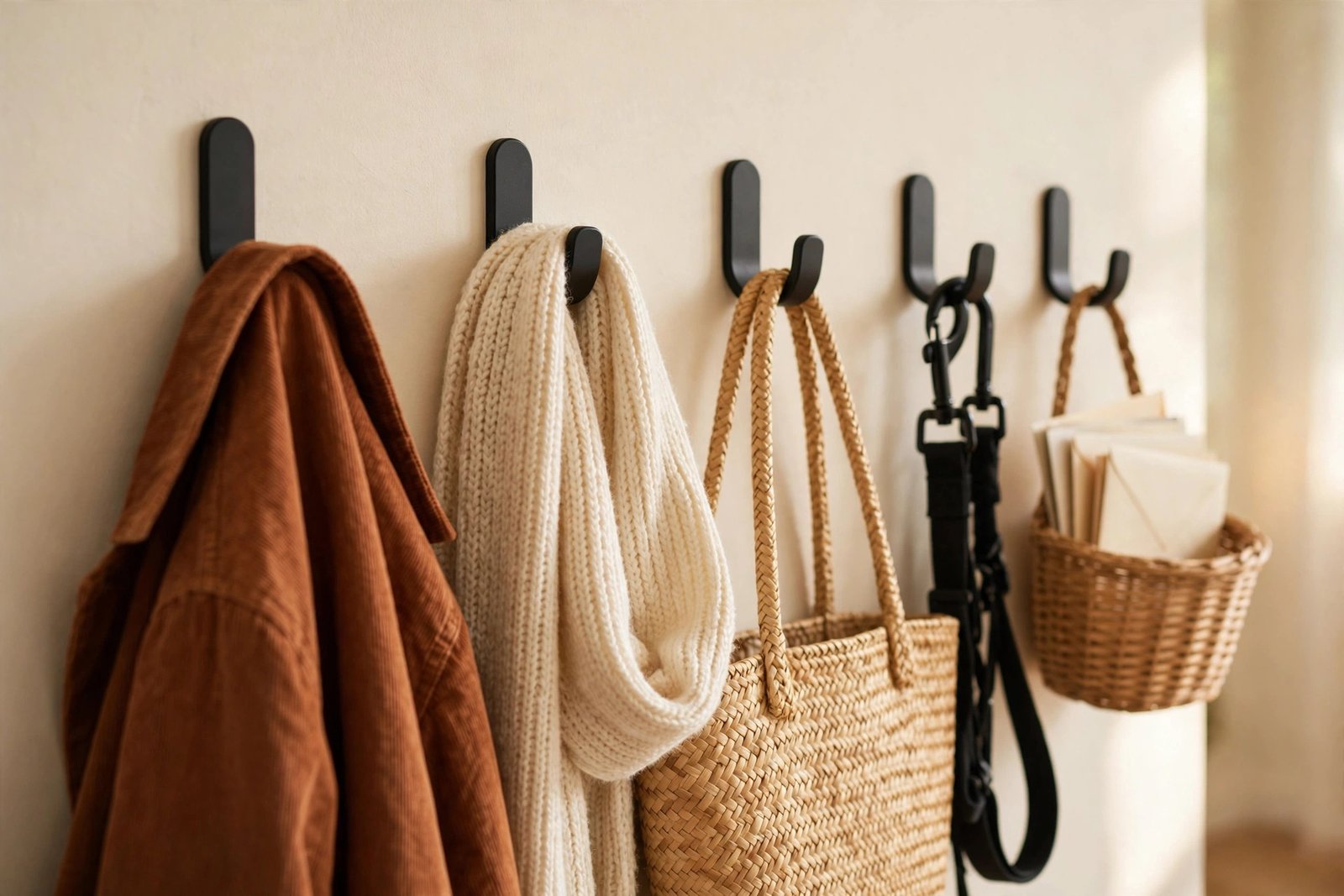 Small entryway organization no mudroom using removable adhesive hooks for coats, scarves and a wall basket for mail