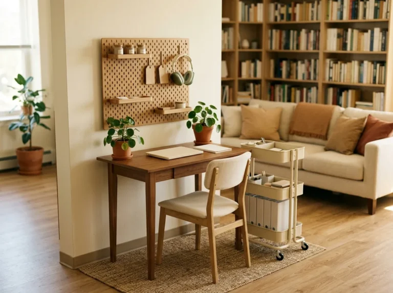 Small home office corner in a living room — slim desk, pegboard storage and a rolling cart in a calm apartment corner.