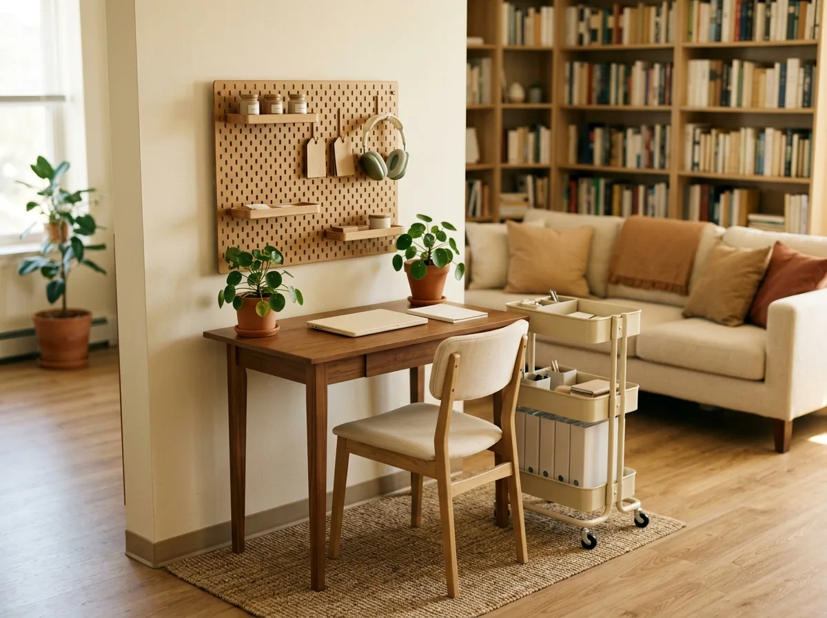 Small home office corner in a living room — slim desk, pegboard storage and a rolling cart in a calm apartment corner.