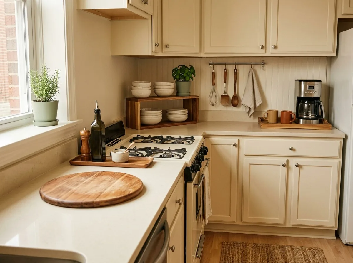 Small kitchen counter organization ideas — a tiny rental kitchen counter zoned into prep, cooking, sink and landing areas with one clear empty stretch