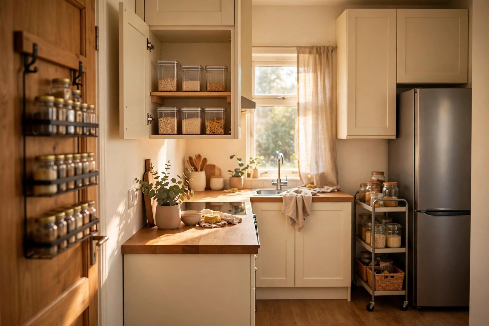 Small pantry organization ideas for a kitchen with no pantry — clear containers, shelf risers, a rolling cart pantry and door storage in a tiny kitchen