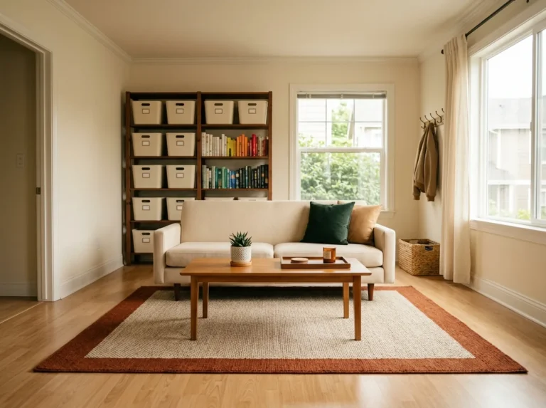 Small living room with the organization mistakes fixed — floated sofa, large rug, clear surfaces and storage reaching up the wall