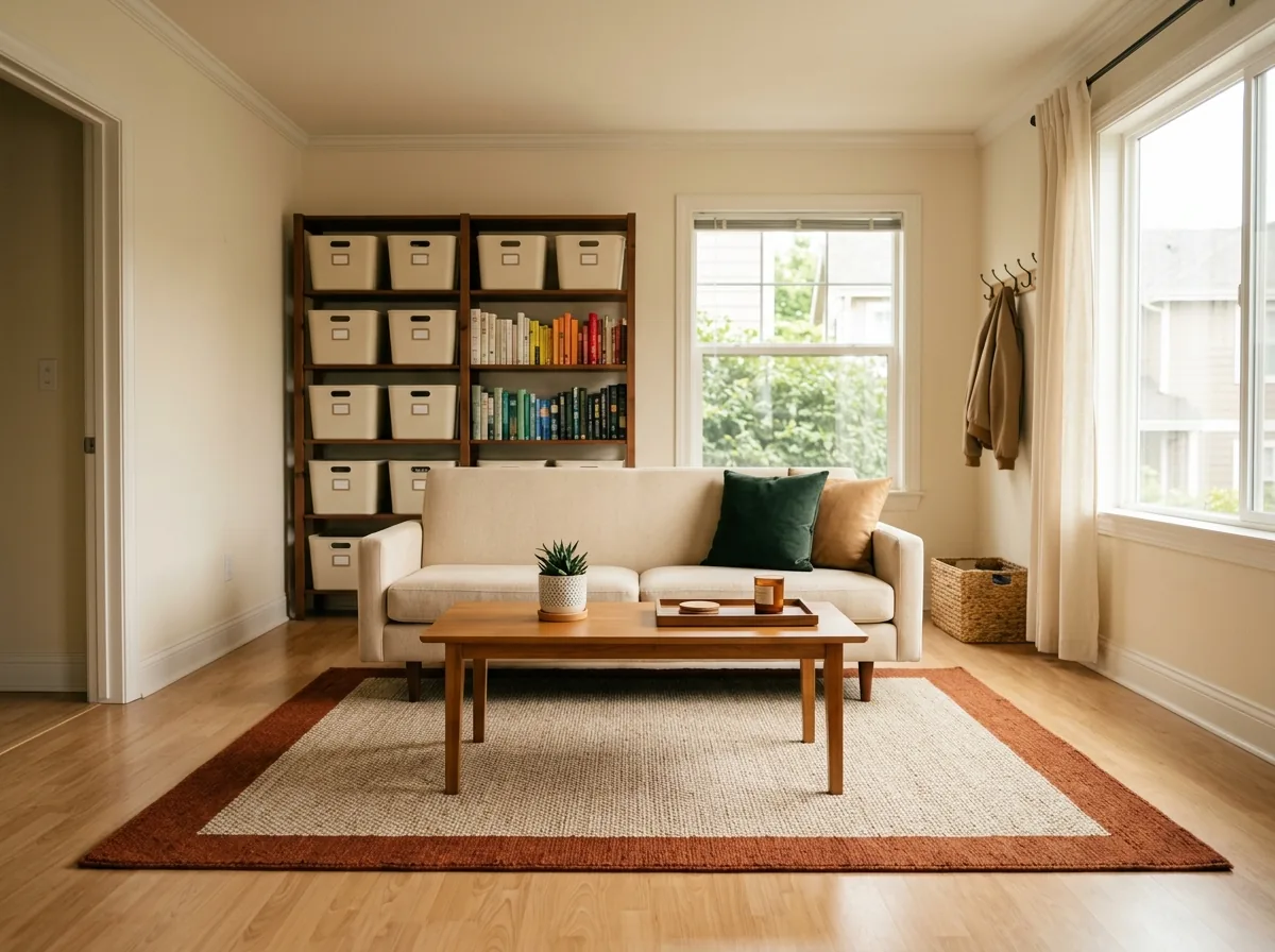 Small living room with the organization mistakes fixed — floated sofa, large rug, clear surfaces and storage reaching up the wall