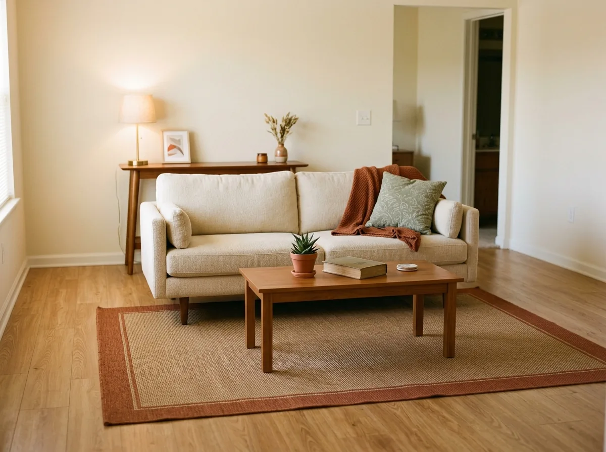 Mistake fixed: sofa floated off the wall with the rug and coffee table grouped in a small living room