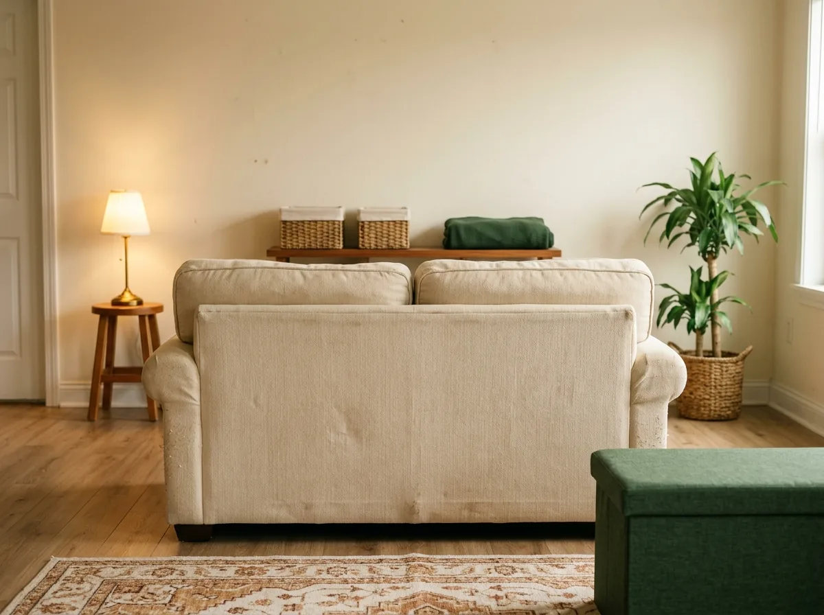 Small living room layout trick — a sofa pulled slightly off the wall creates a hidden storage strip with a slim shelf and baskets behind it