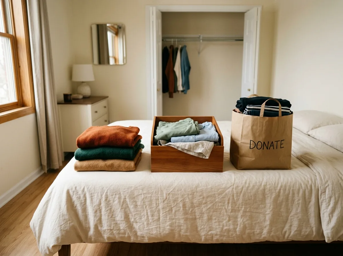 Three sorted piles of clothes on a bed — keep, store in a bin, and donate in a kraft bag