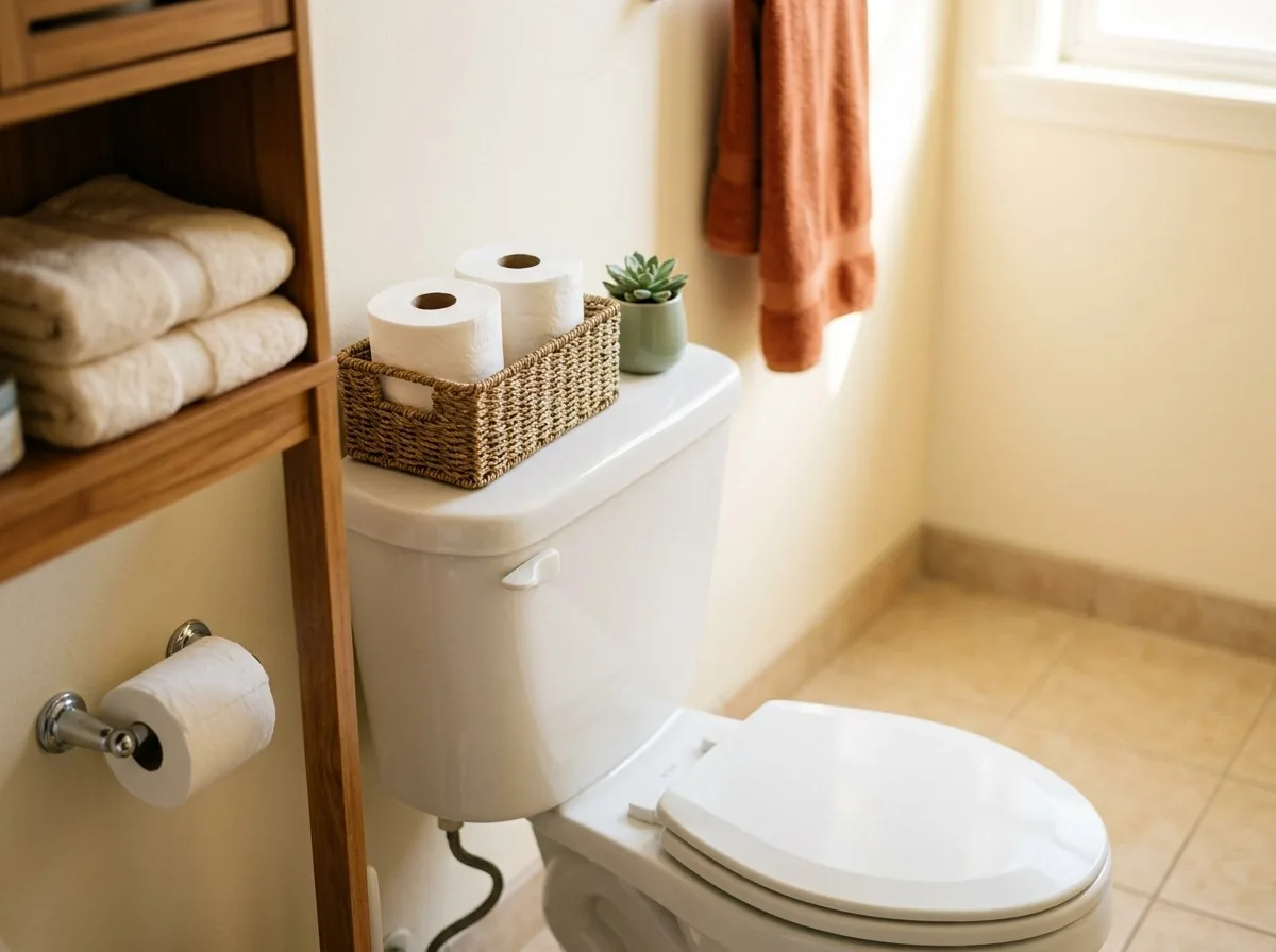 Spare toilet rolls stored in plain sight on the tank — the small guest bathroom detail visitors appreciate most