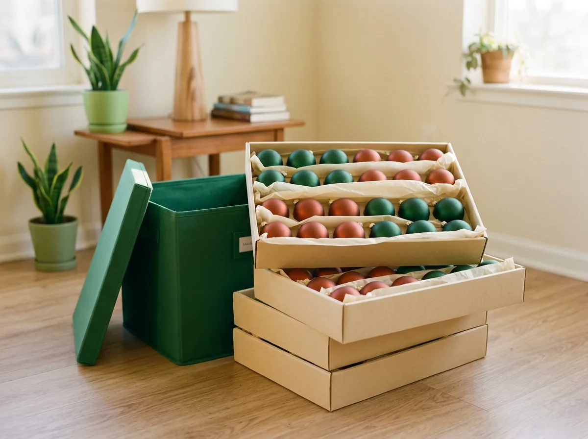 Stackable ornament storage trays — flat trays layered with tissue so a whole collection stacks inside one bin
