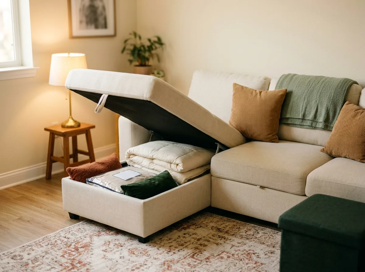 A small sectional sofa with a lift-up storage chaise hiding spare bedding and seasonal cushions in a tiny living room