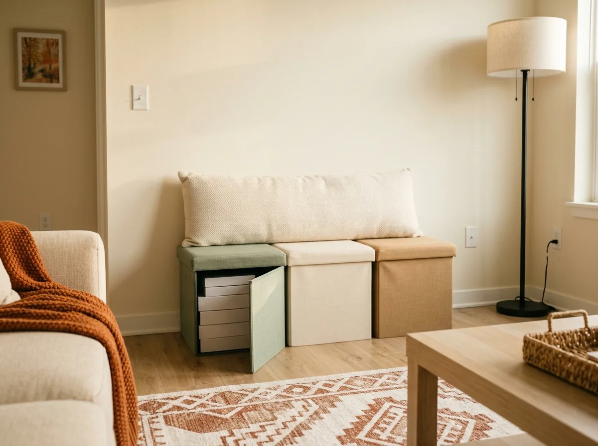 Storage cubes lined up as a bench seat in a small living room — hidden storage that seats two more guests when hosting