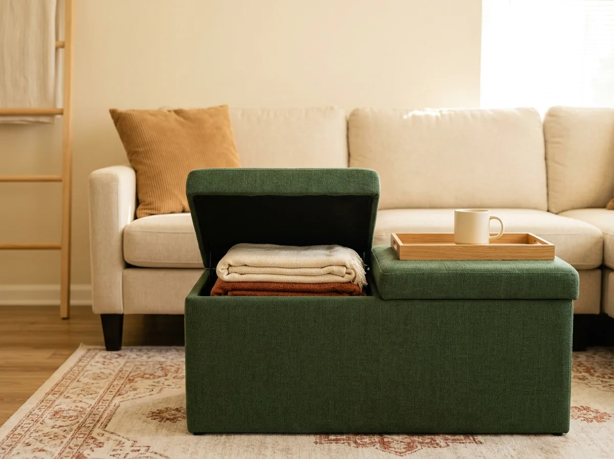 Small living room storage ideas — a fabric storage ottoman opened to show folded blankets stored inside, used as a coffee table