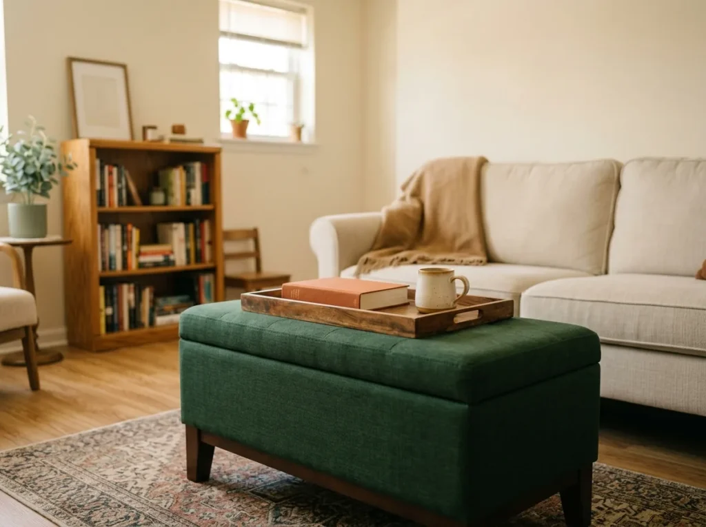 Closed storage ottoman styled as a coffee table with a tray, hiding blankets and board games inside a small living room.
