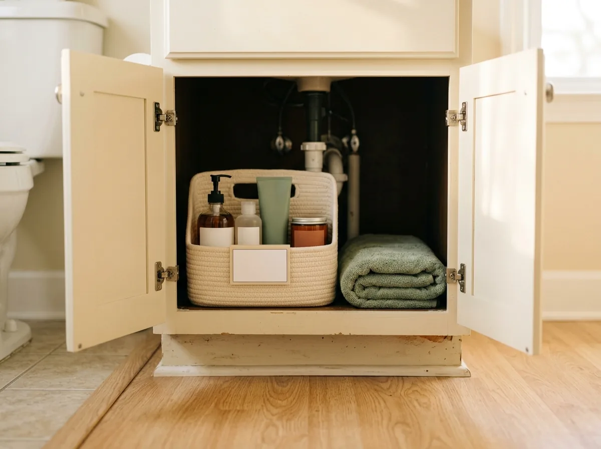 Mistake fixed: plasters and bathroom supplies stored in the bathroom where they are used, in one caddy