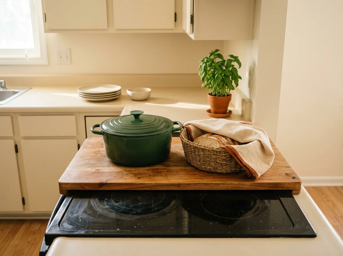 A board over a cool stovetop doubles serving space in a small kitchen when hosting a holiday dinner in a tiny apartment