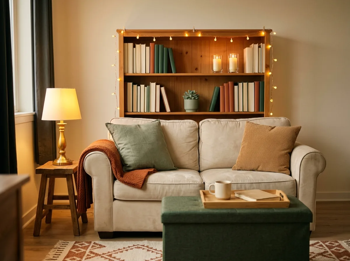 Warm party lighting for a small apartment — fairy lights, low lamps and candles make a tiny living room feel bigger when hosting