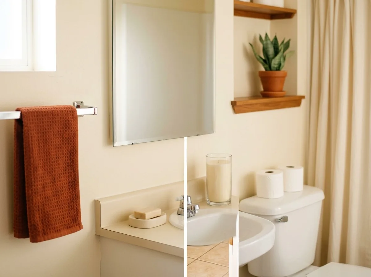 The 10-minute guest-ready bathroom reset — wiped mirror, guest towels swapped in, spare roll checked and a candle on the tank