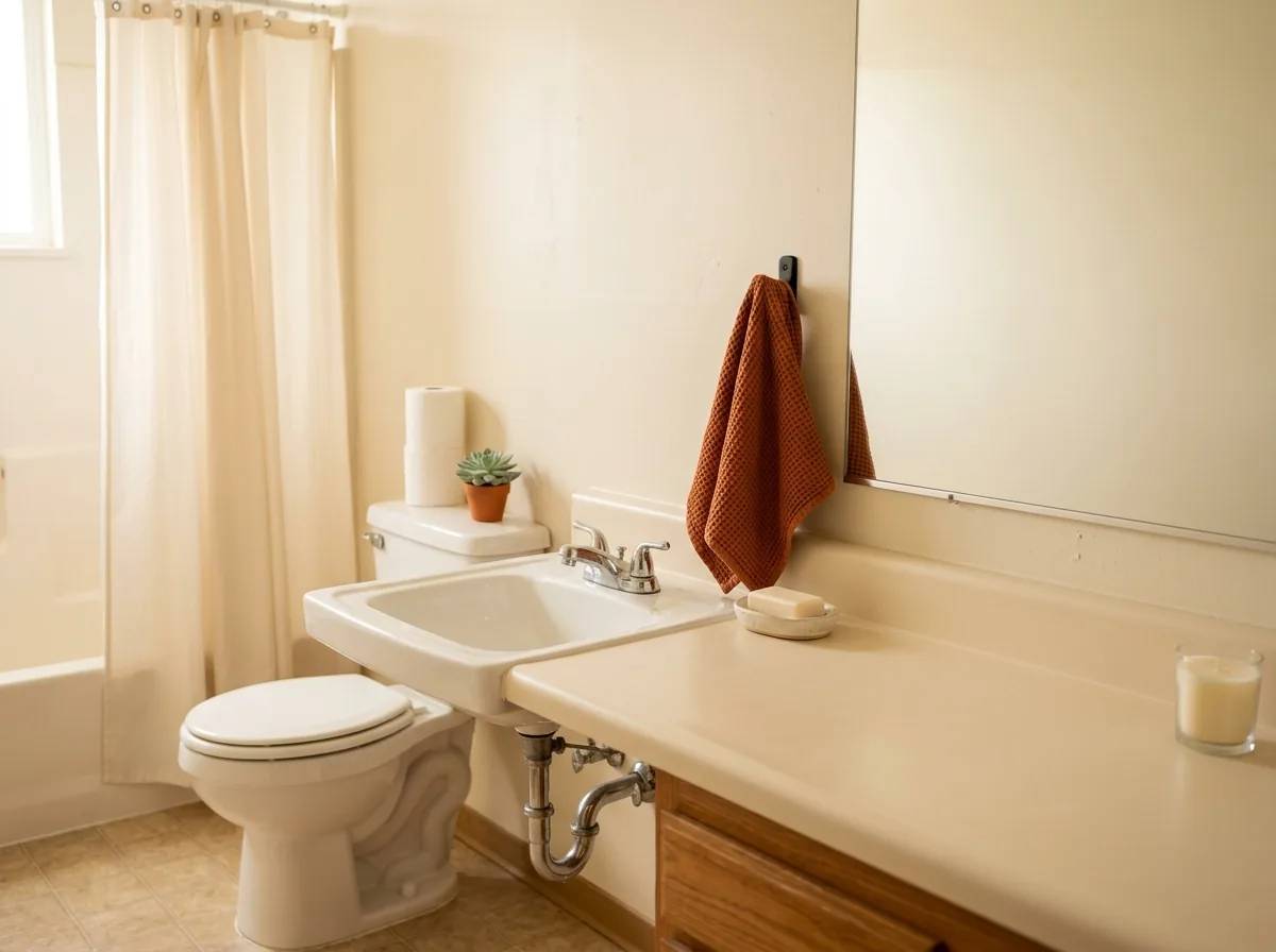 The 10-minute guest bathroom reset for a small apartment — clear counter, fresh hand towel and a spare roll guests can see