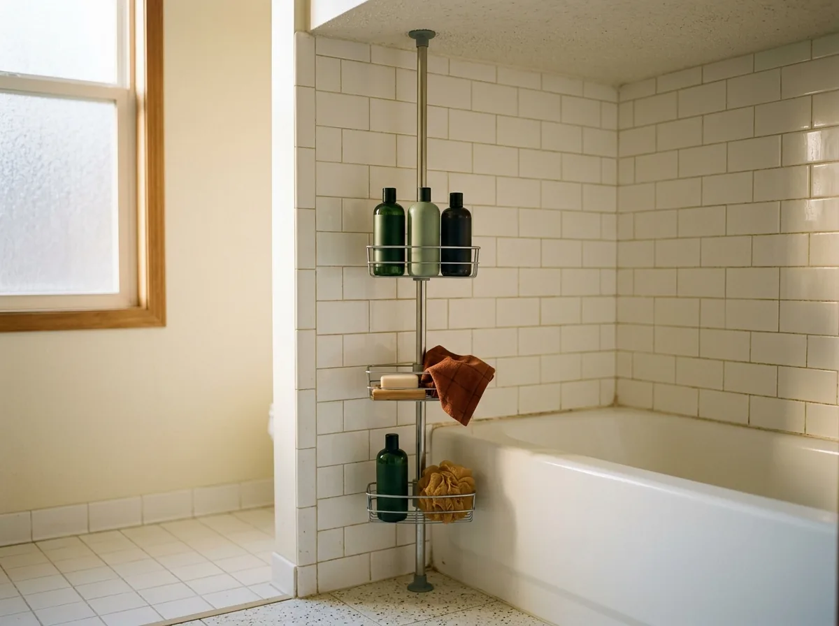 Tension-pole shower caddy standing in a tiled shower corner holding bottles and toiletries, nothing drilled.