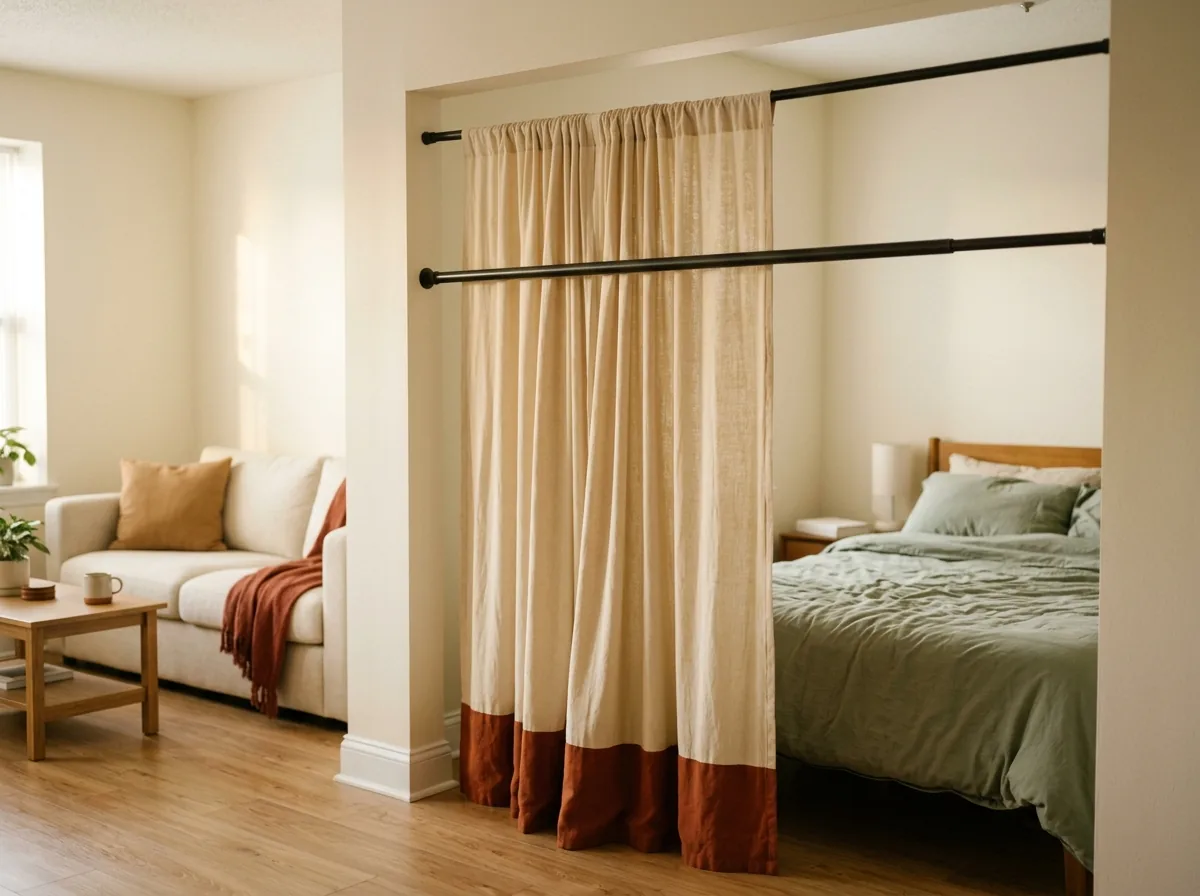 Curtain hanging from a tension rod dividing a small studio apartment into living and sleeping zones.