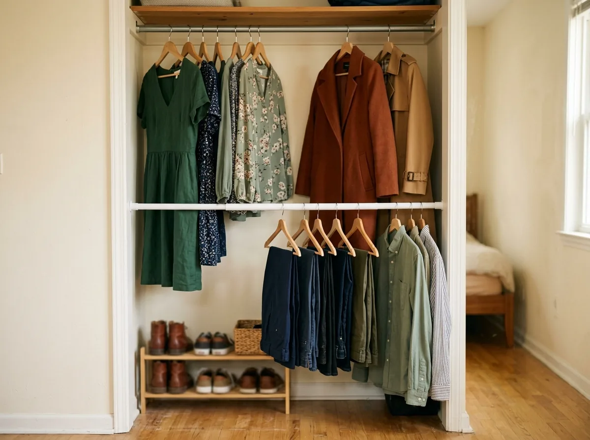 Tension rod inside a small closet creating a second hanging rail of shirts below the main rail.