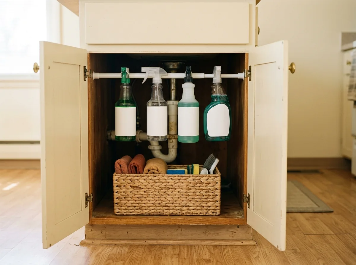 Tension rod under a kitchen sink with spray bottles hanging by their trigger handles above a storage bin.