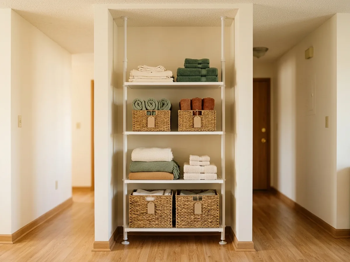 Tension shelf unit wedged into an alcove holding folded linens and storage baskets in a rental apartment.