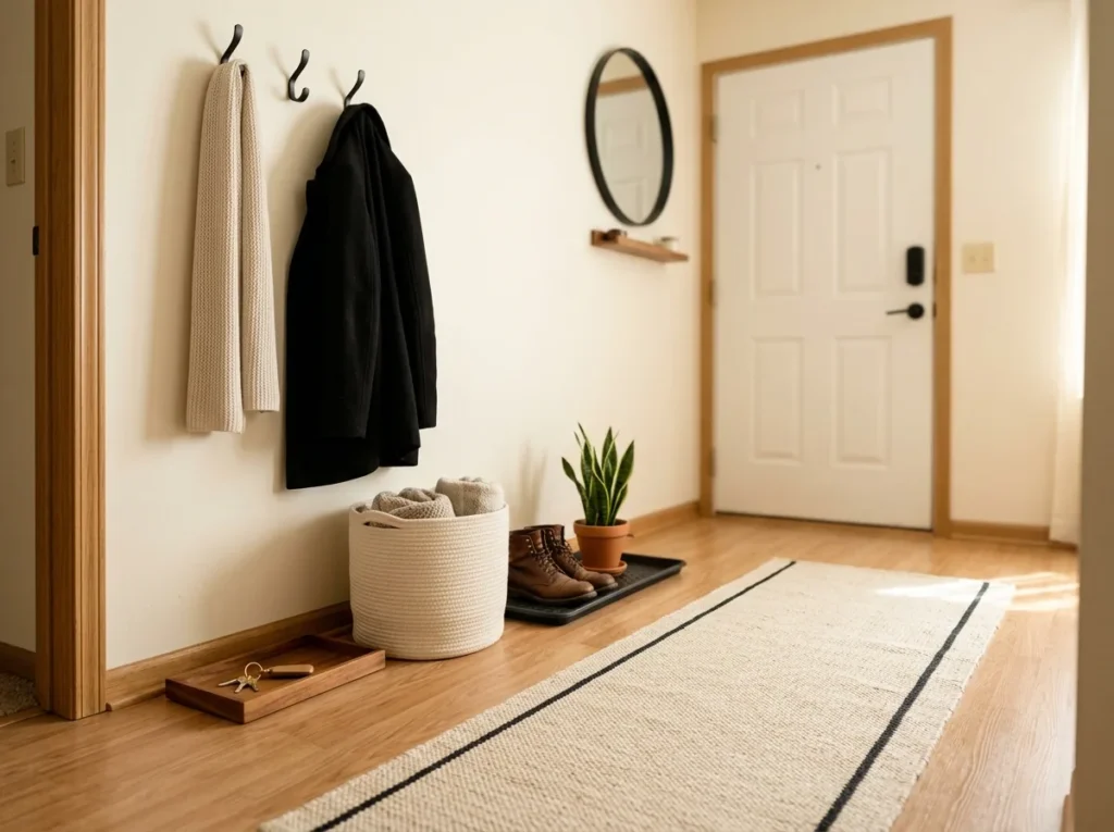 Small entryway styling trick — hooks, trays and baskets matched to a three-color palette of warm wood, black and cream for a calm tiny entry