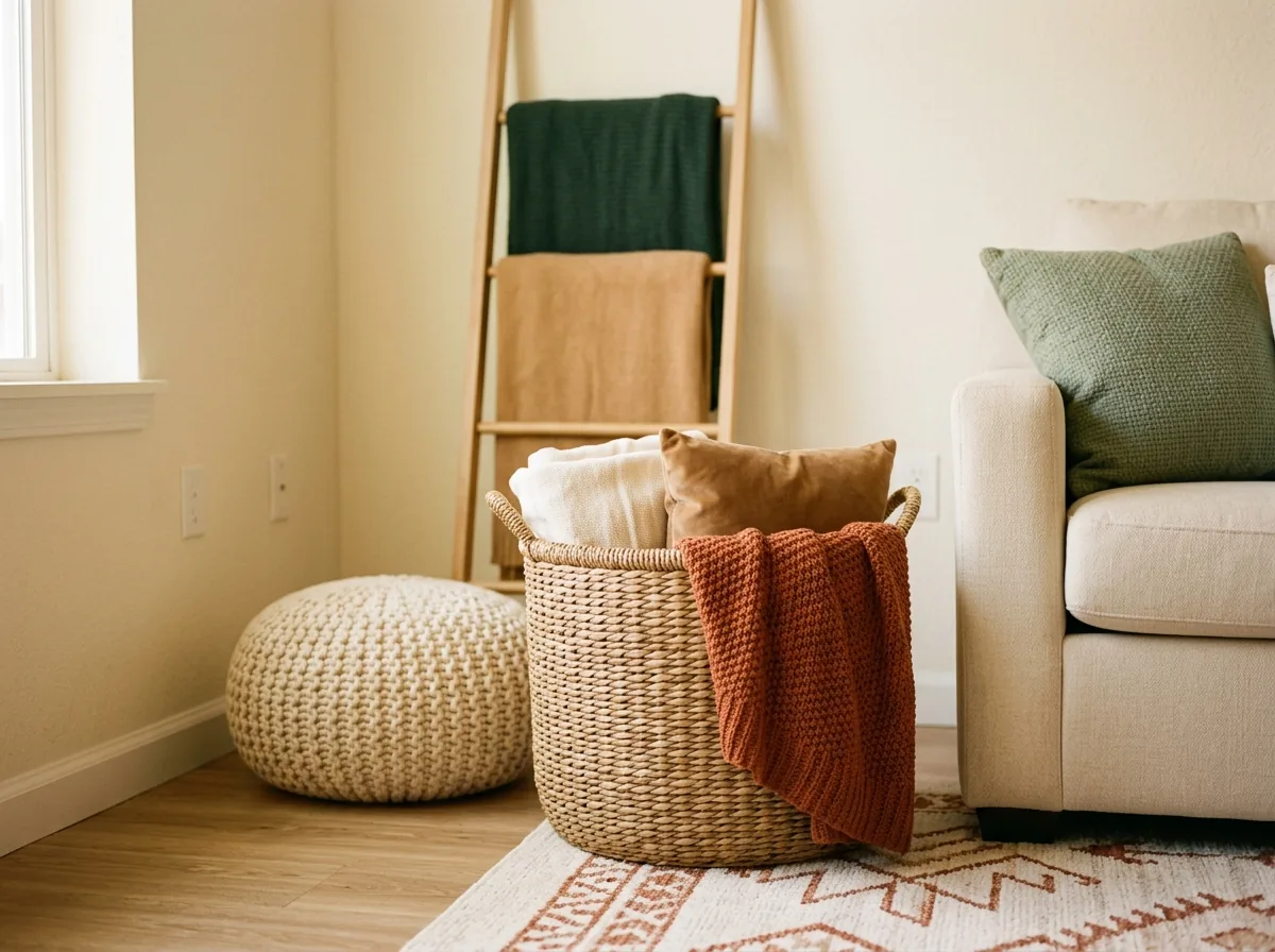 Layered fall textiles that hide storage in a small living room — a throw draped over a storage basket, a blanket-stuffed pouf and a blanket ladder