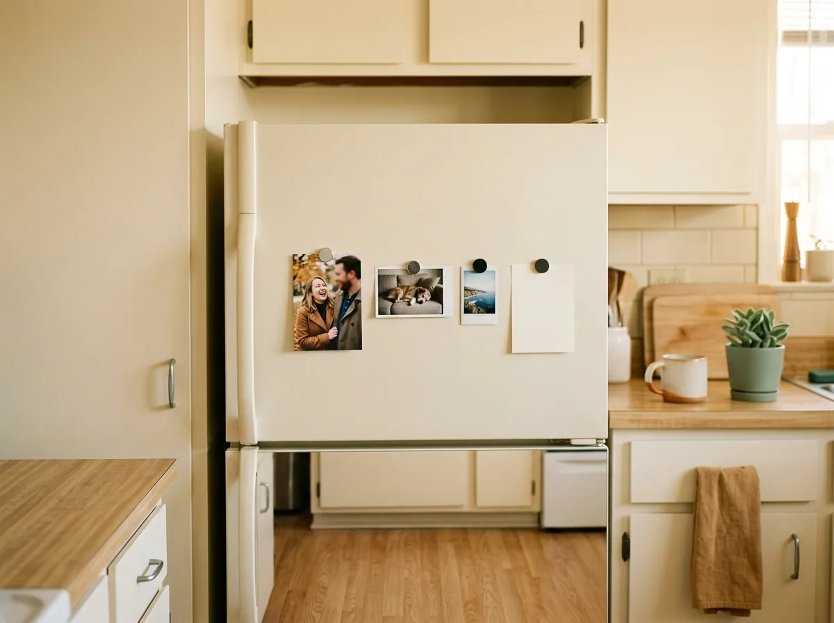 Mistake fixed: a tidy fridge door with just a few favourite photos in one layer