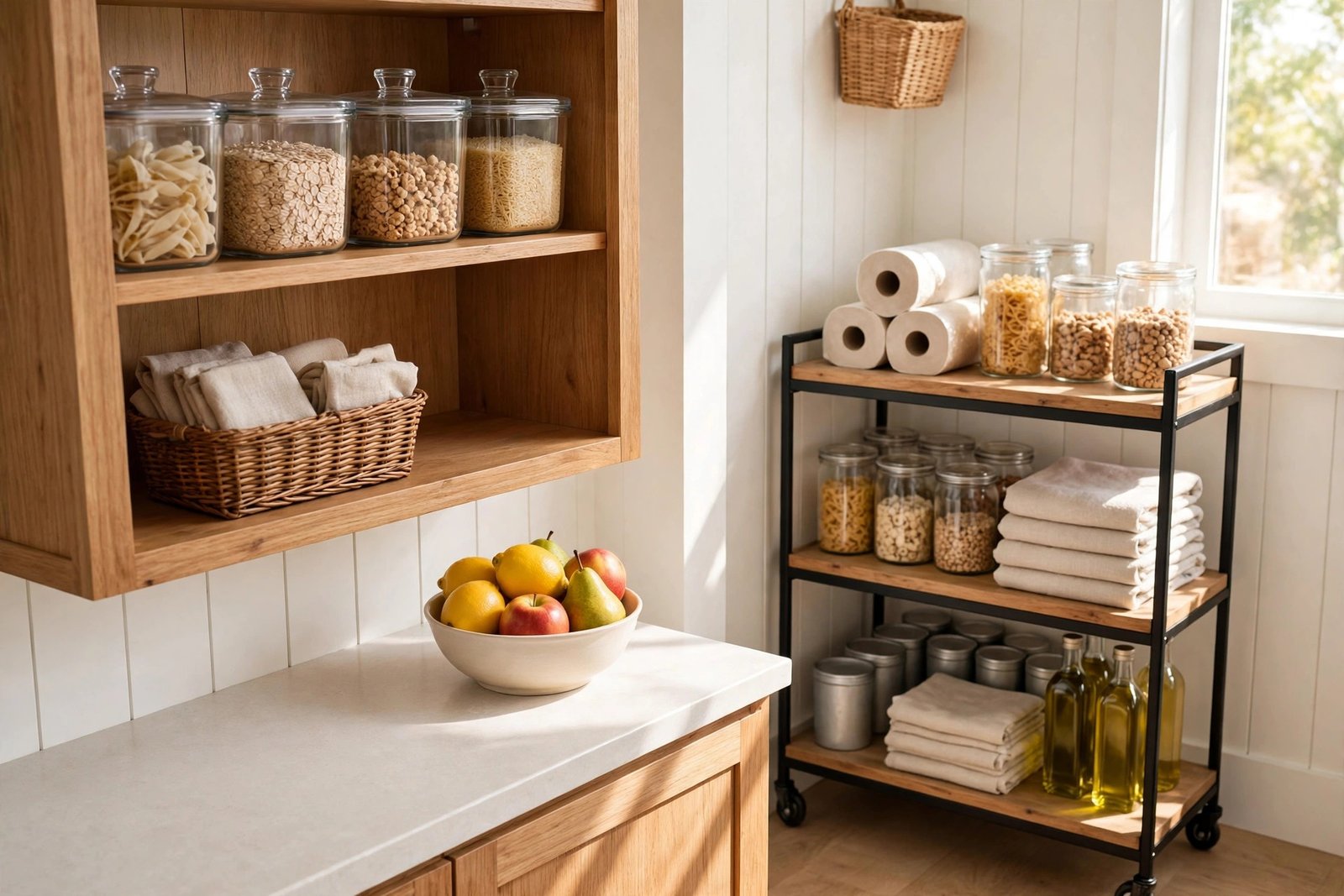A tidy small pantry zone in a kitchen with no pantry — cart, labelled containers and a use-first basket after a weekly reset