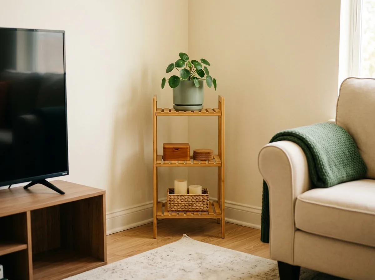 A tiered plant stand claims an awkward living room corner, mixing plants with a lidded box, coasters and candle storage