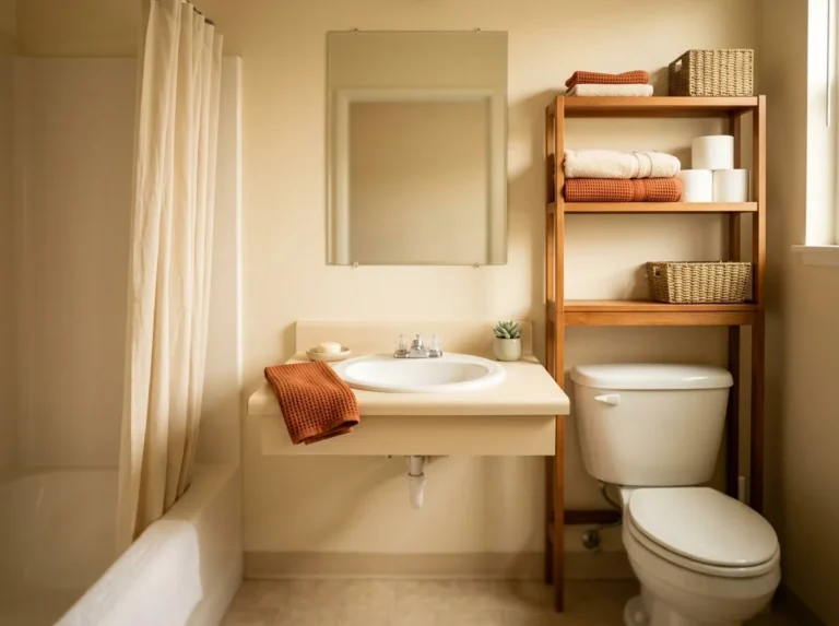 Guest-ready small bathroom ideas — a tiny rental bathroom with a clear counter, over-toilet shelf with folded towels and a stocked guest basket