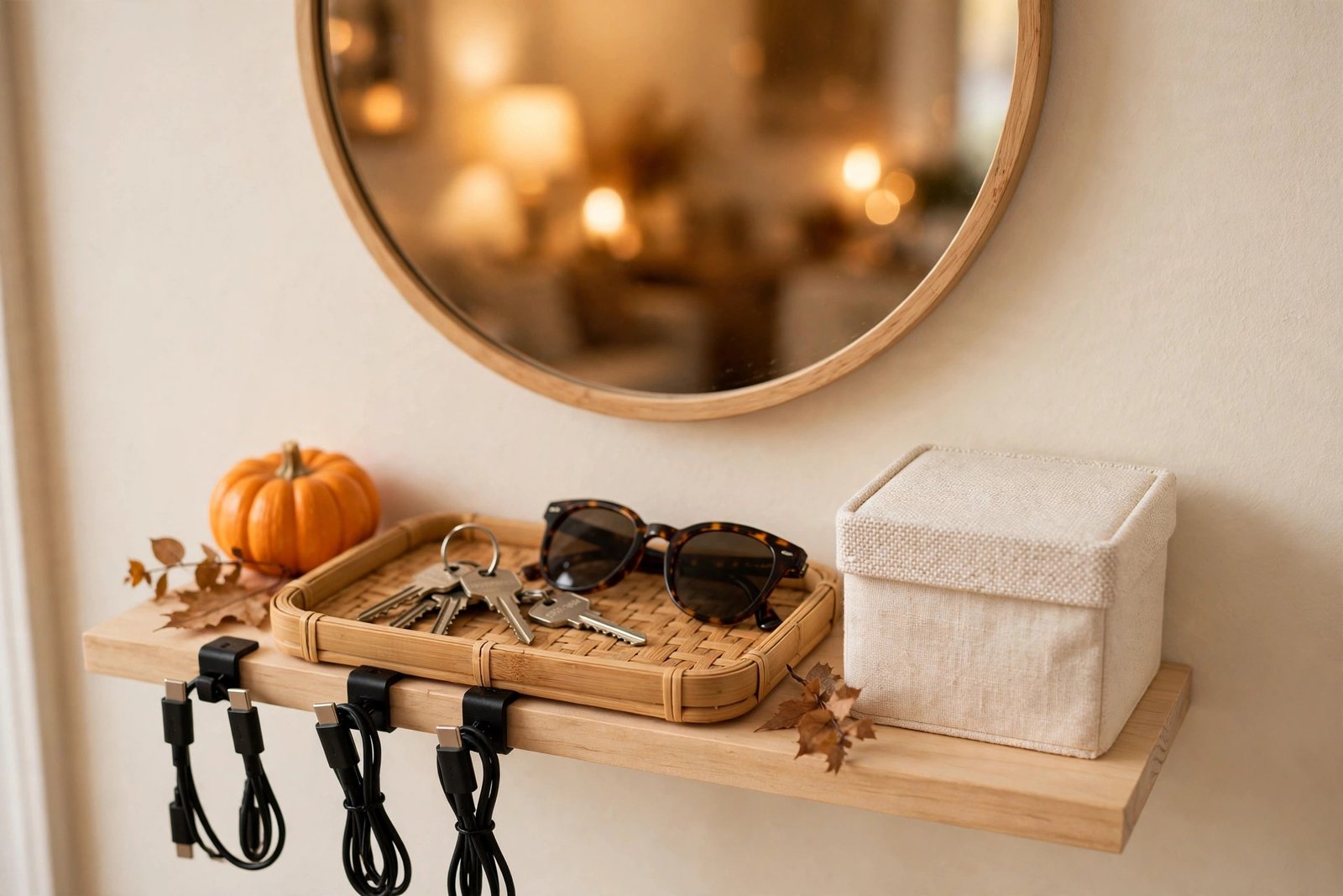 Small apartment organization ideas — a tiny drop zone with a key tray, mail and a lidded glove box