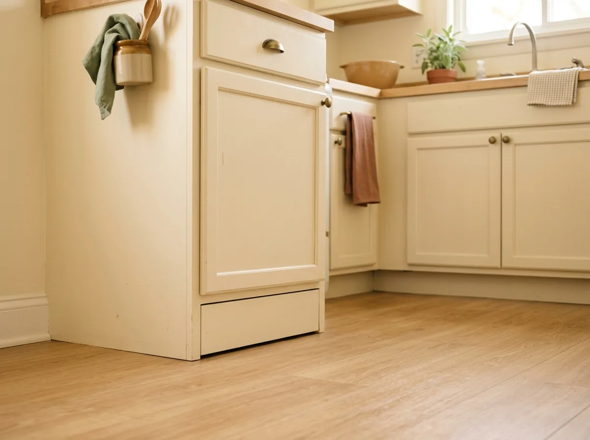Closed toe-kick drawer flush under kitchen cabinets, a whole hidden drawer for trays and linens at floor level.