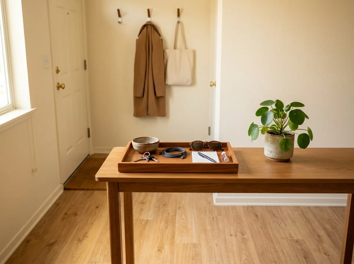 Mistake fixed: loose entryway items corralled in one wooden tray on a console table