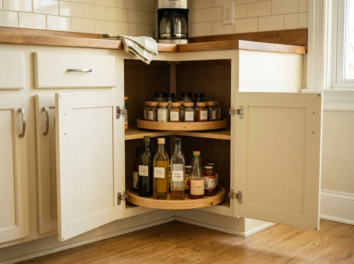 Turntables in a corner base cabinet keep oils, sauces and spices reachable — small kitchen organization for deep shelves with no pantry