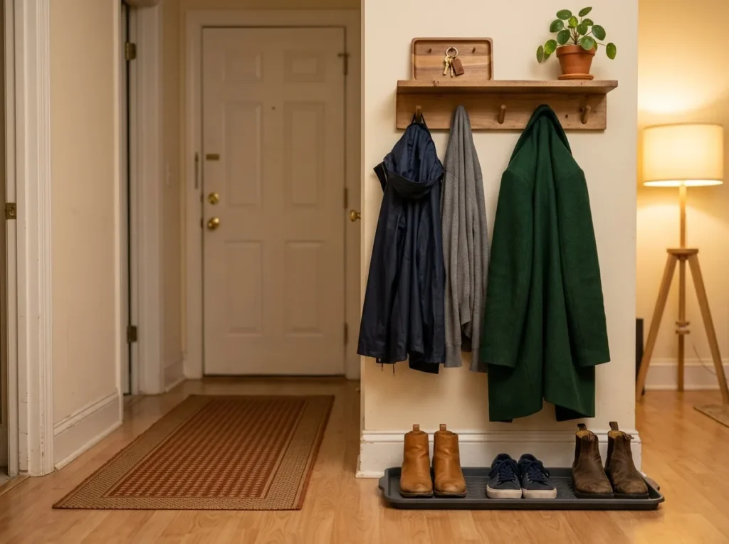 Small entryway organization habit — a calm, fully reset entryway in the evening with coats, boots and keys all back in place