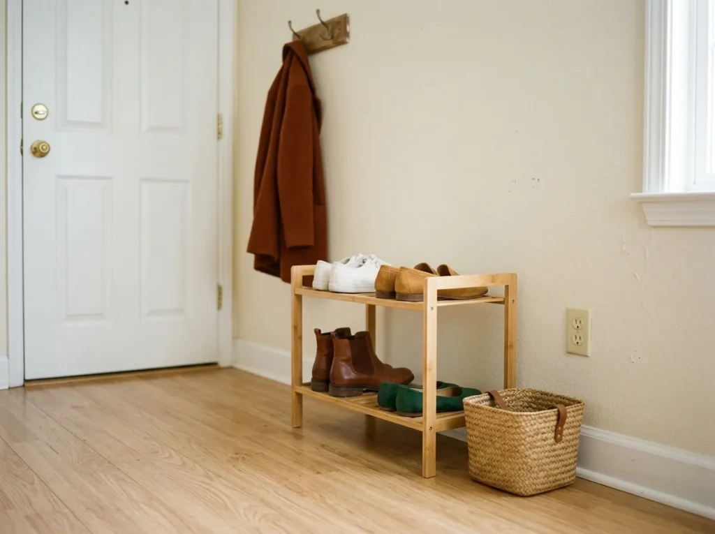 Vertical shoe storage for small spaces — a slim two-tier shoe rack holding daily shoes in a tiny apartment entryway