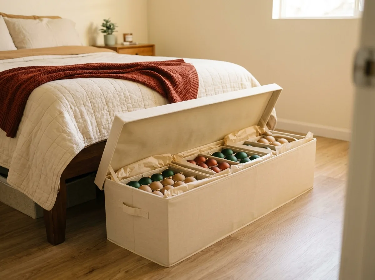 Under-bed Christmas decor storage — a flat lidded box of ornament trays slides under the bed and frees a closet shelf