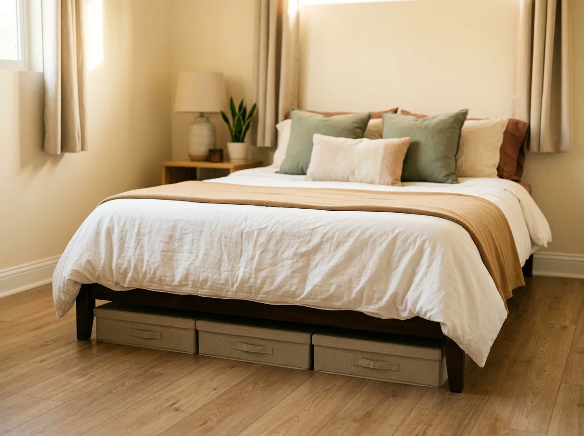 Only the slim closed ends of flat storage boxes visible under a made bed, a whole category of belongings hidden underneath.