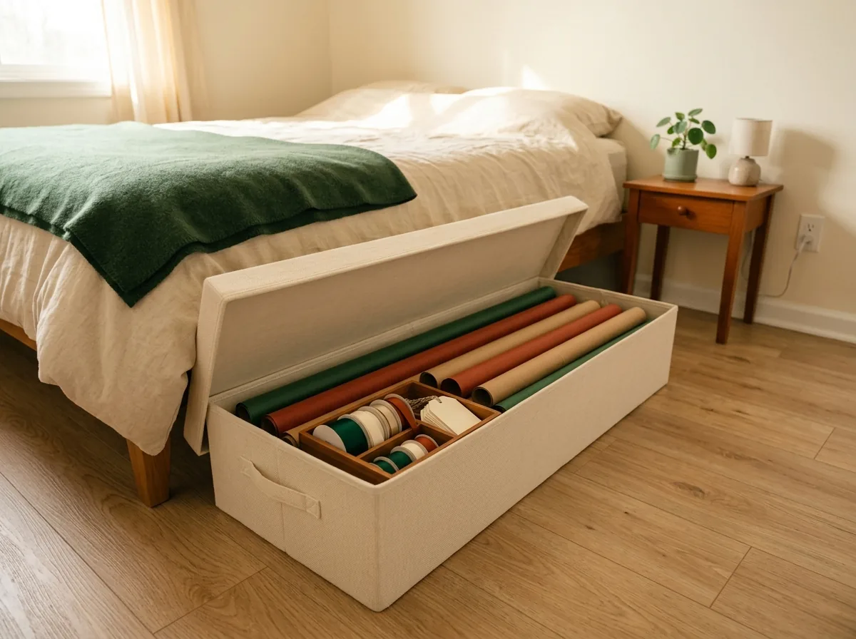 Under-bed gift wrap storage box — rolls stored flat and lengthwise with ribbon and tags nested inside, slides out only for wrapping