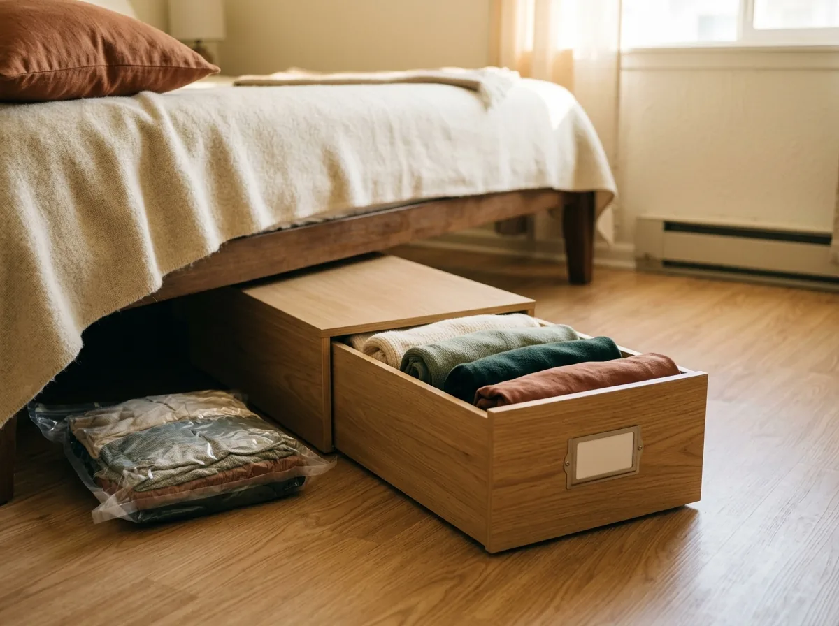 Low storage box of folded off-season clothes pulled halfway out from under a bed, with a vacuum bag beside it