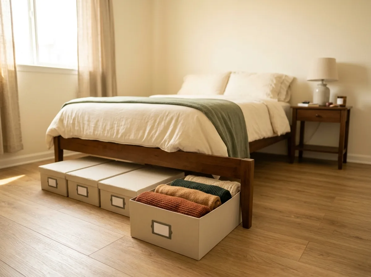 Flat labeled storage boxes slid under a bed in a small rental bedroom for off-season clothes storage.
