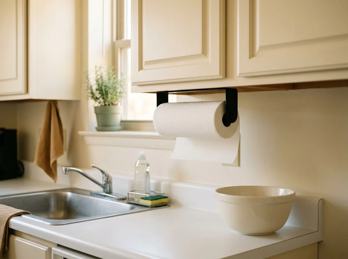 An under-cabinet paper towel holder moves the roll into dead air space above the sink and frees counter room in a rental kitchen