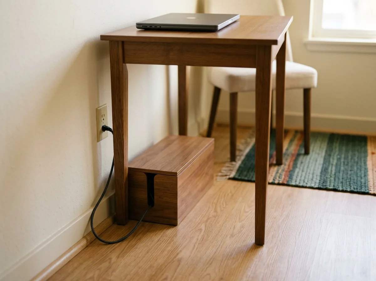 Lidded cable box under a small desk hiding the power strip, one lead running to the wall.