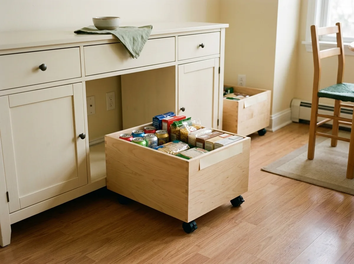 Low rolling bin sliding under a sideboard for canned drinks and backup dry goods — hidden overflow storage for a kitchen with no pantry