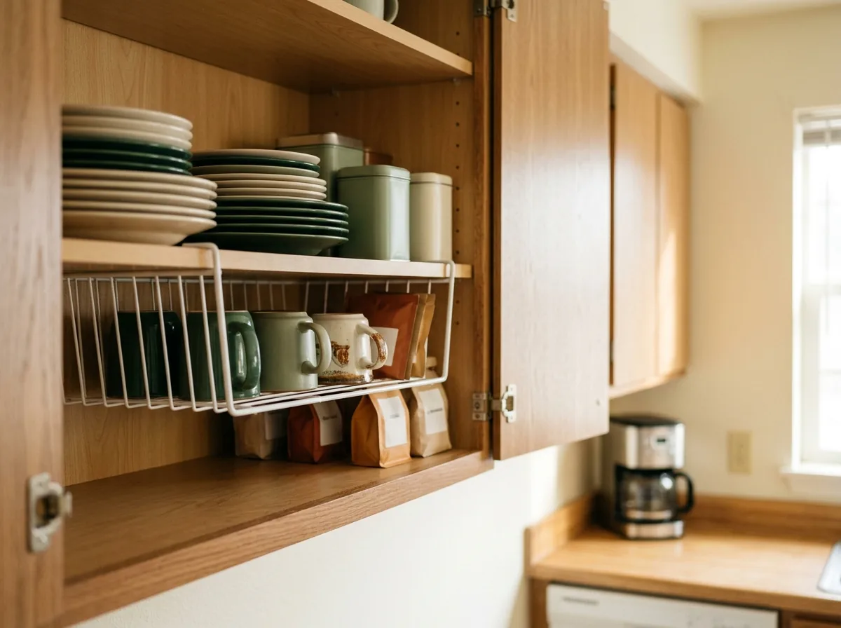 Wire under-shelf basket clipped onto a kitchen cupboard shelf with mugs below and plates above.
